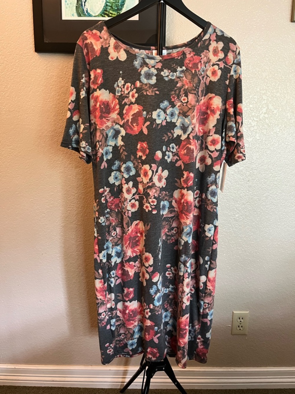 NWT LuLaRoe Floral Midi Dress - Charcoal with Pink & Blue Flowers